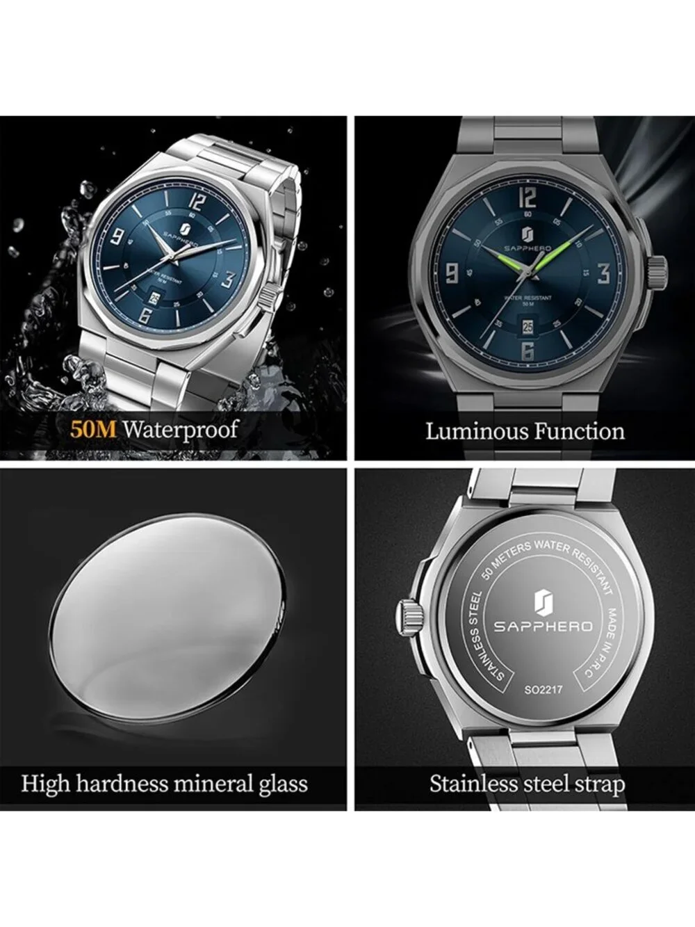 Men's Silver/Blue Numeral Dial Stainless Steel Strap Analog Quartz Wrist Watch